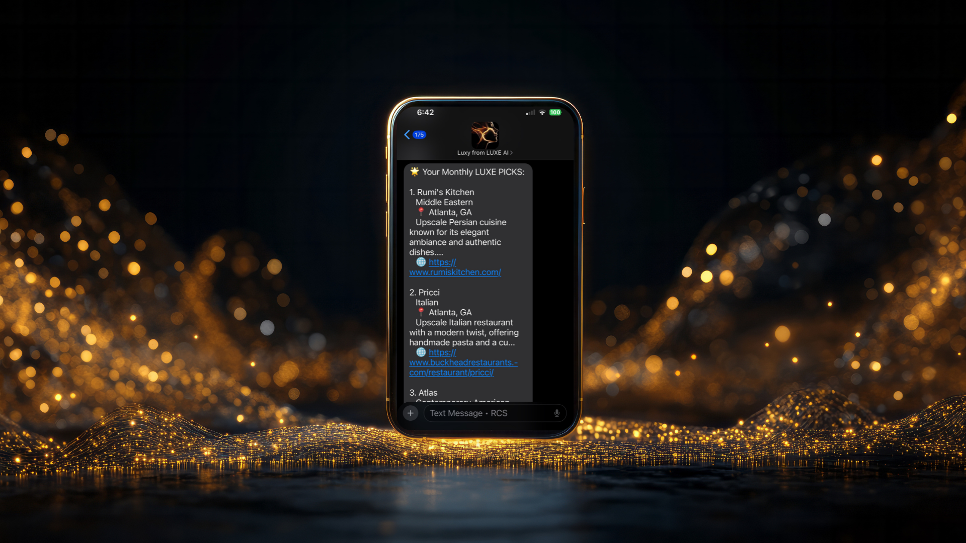 Golden phone displaying LUXE AI interface with monthly restaurant picks
